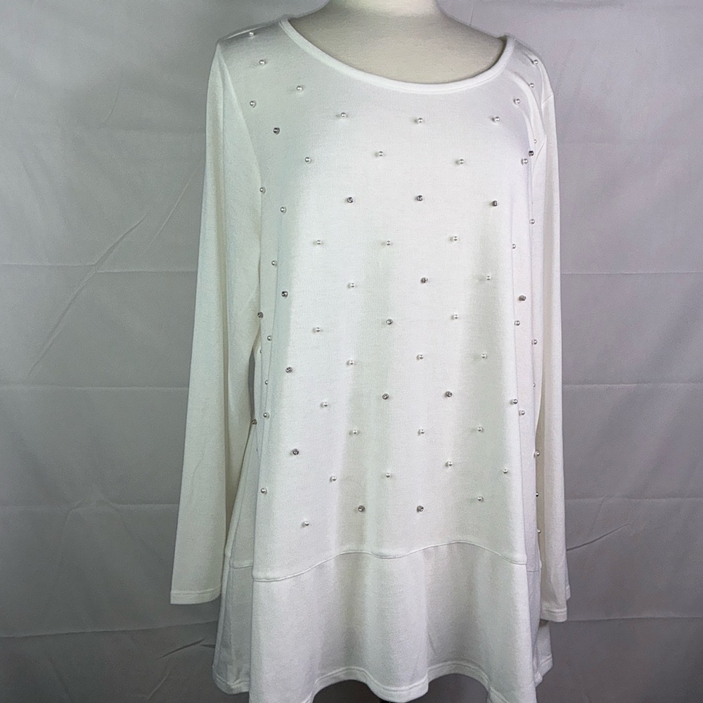 Belldini Plus Size 2X Top White Embellished‎ Rhinestones Blouse light Sweater